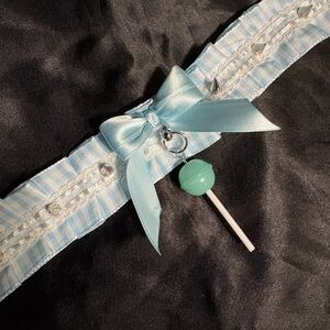 Light Blue Satin Bow Necklace with Mint Lollipop Charm